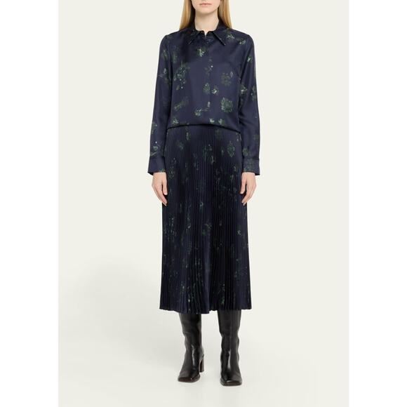 Gabriela Hearst Eames Silk Pleated Skirt in Dark Navy Emerald Green IT 38 US 2 - Picture 1 of 8